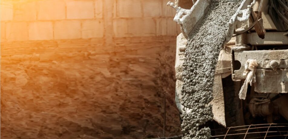 รถปูนจากบริษัทจำหน่ายคอนกรีตผสมเสร็จ กำลังเทปูนลงพื้น